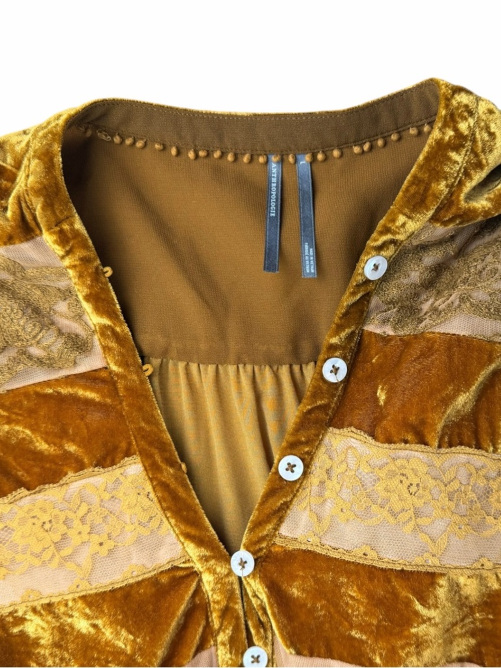 Anthropologie Women’s Long Sleeve Velvet Lace Babydoll Top In Gold Size Large - Picture 5 of 8